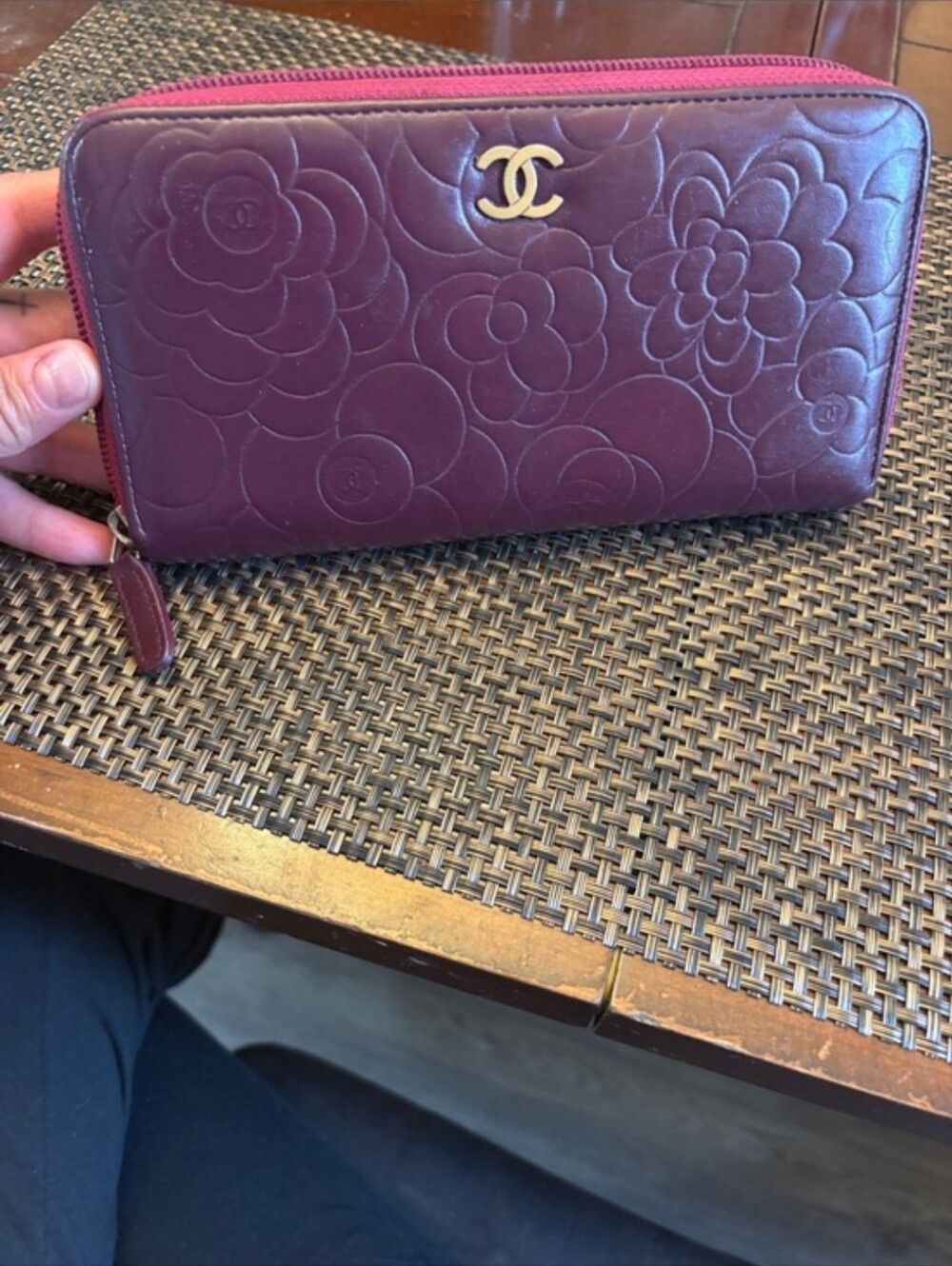 Chanel Quilted Camellia Zip Wallet Burgundy With Pink (Real Real Certificate)